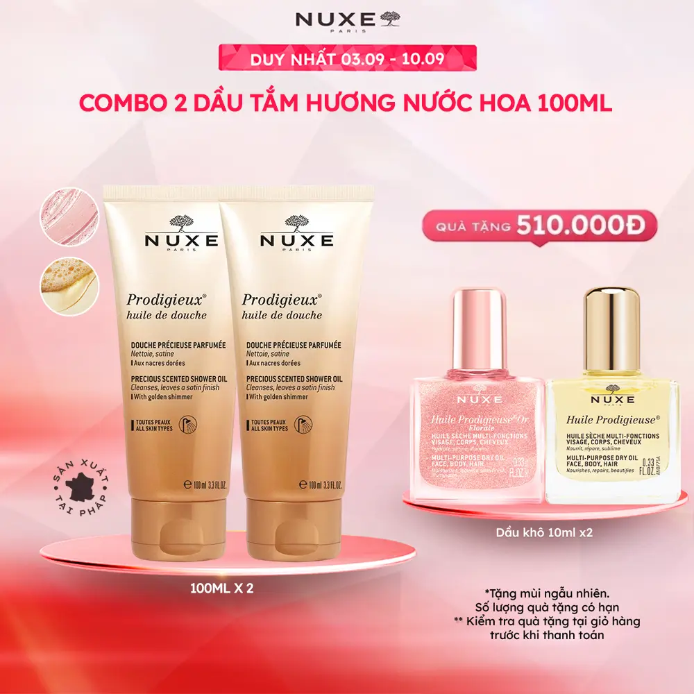 Combo Dầu Tắm Dưỡng Ẩm Hương Nước Hoa Sang Trọng Nuxe Prodigieux Shower Oil 100mlx2
