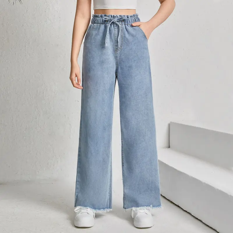 Burr Edge Jeans High Waist Elastic Waistband Frenulum Casual