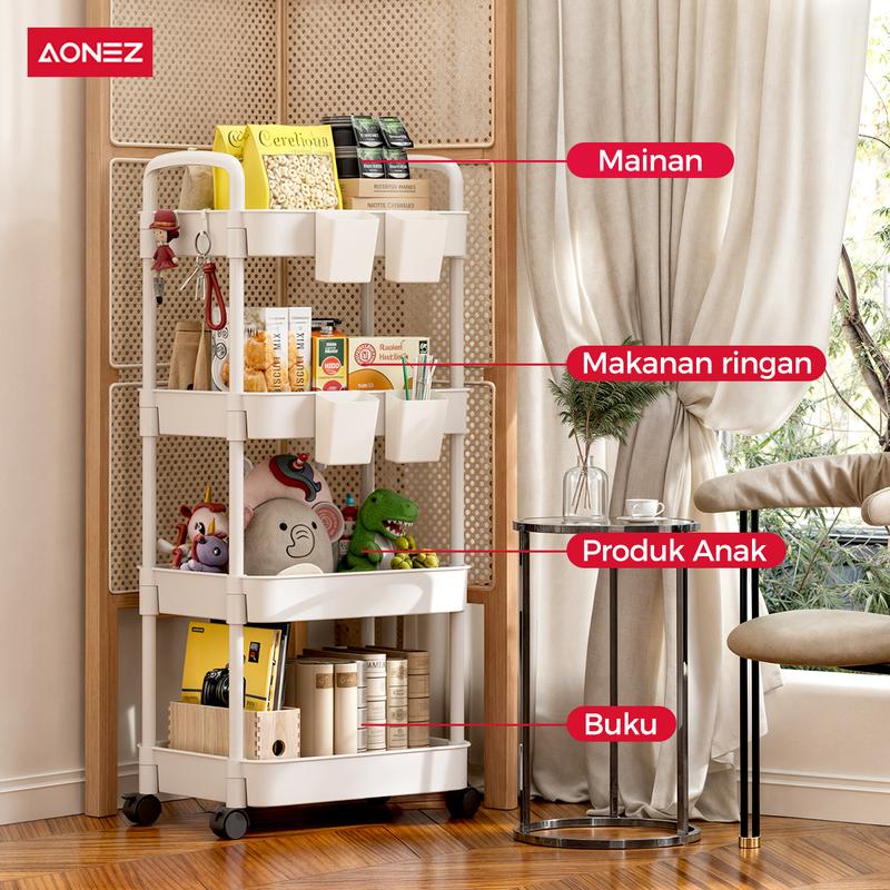 Product Introduction of 【COD 24h shipping】AONEZ Rak Troli 4 Susun Serbaguna Rak Dapur Rak Salon Rak Kamar Mandi dengan Roda dan Pegangan Tempat Penyimpanan 6