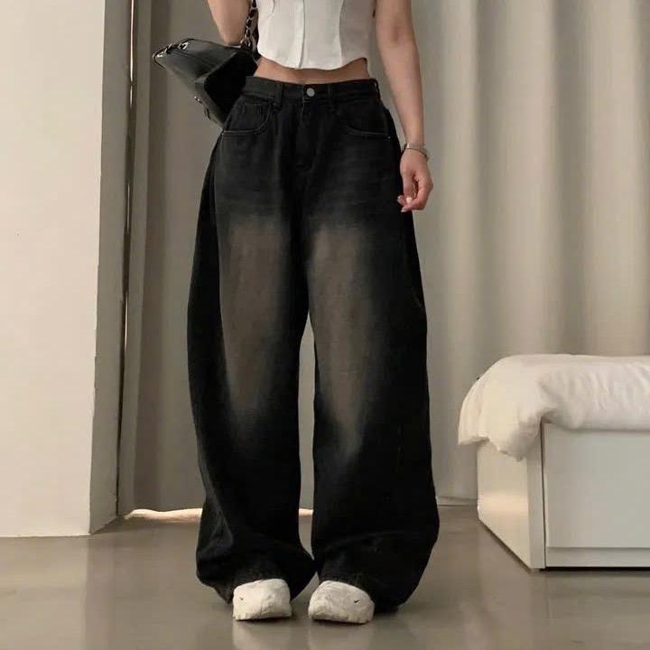 Quần jeans suông nhún hông 3 màu lưng cao dáng basic phong cách đường phố loe bò xanh ống rộng Nữ Women 1