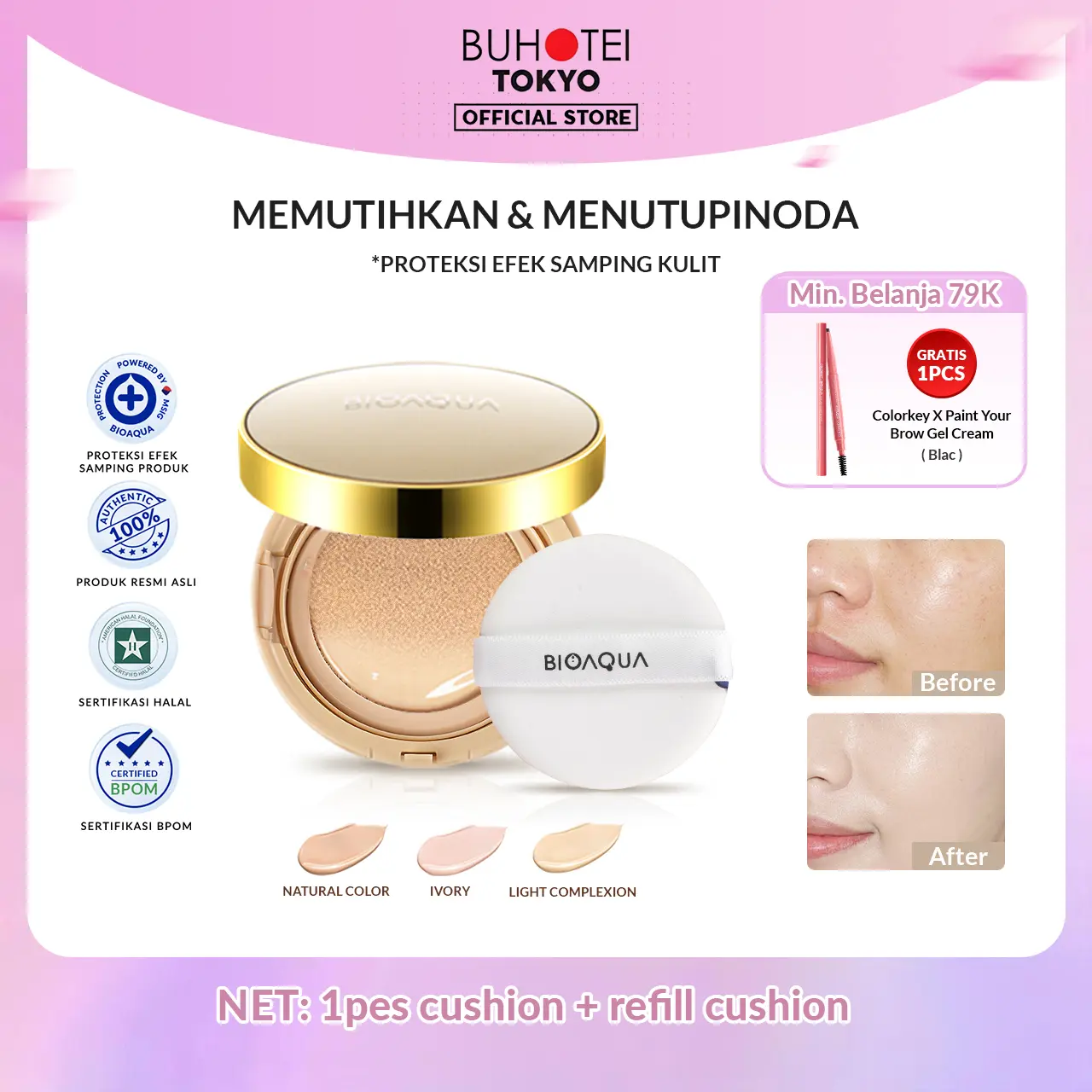 BUHOTEI BIOAQUA BB Cushion Poreless BB Cushion Kulit Berminyak Pore Minimising Full Coverage Flawless BB Cream Glowing BB Glow Tint Glossa Skin Recommended Long-lasting High Coverage BB Cream Super Wearing Air Cushion Waterproof 100% Original 15g+15g
