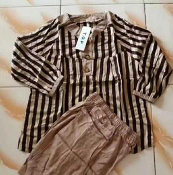 Product Review of SETELAN SALUR LD 110 120 130CM XL XXL SETELAN KATUN RAYON TWILL 116554 - SET MOTIF SALUR WANITA jumbo soft peach murah Baju Celana Kancing from h**a 1