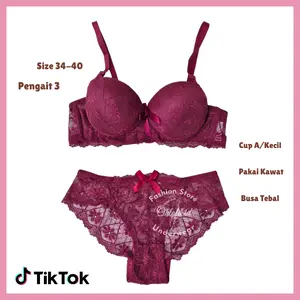 Set Bh  Celana Dalam Wanita Busa Tebal Kawat Cup Kecil Setelan Bra Motif Renda