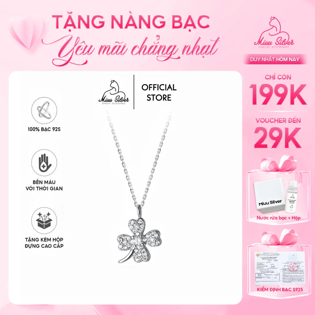 [Tặng 1 nước rửa bạc] Dây chuyền bạc 925 Miuu Silver, vòng cổ Four - Leaf Clover nữ tính