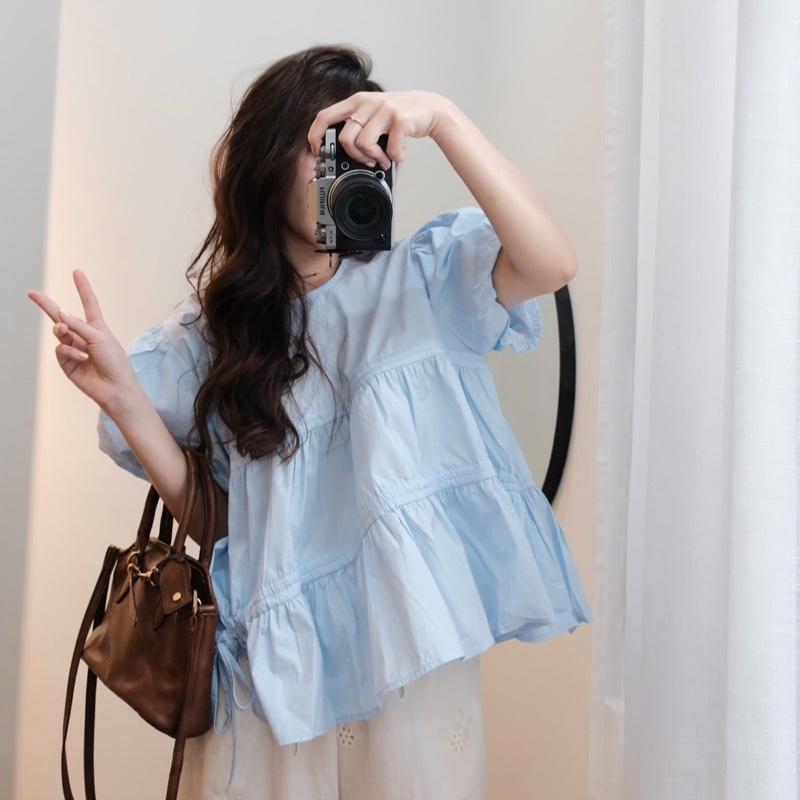 Áo Sơmi Babydoll Cổ Tròn Tay Bồng”Jery Top” Dây Rút Eo Chất Thô Gió Nhẹ mát-Dành Cho Nữ
