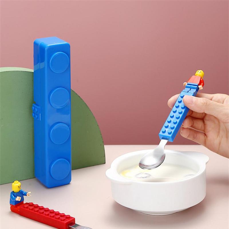 Cartoon Creative Portable Tableware Baby Stainless Steel Tableware Fun Children Assembled Building Blocks Fork Spoon Set Portable Tableware 8