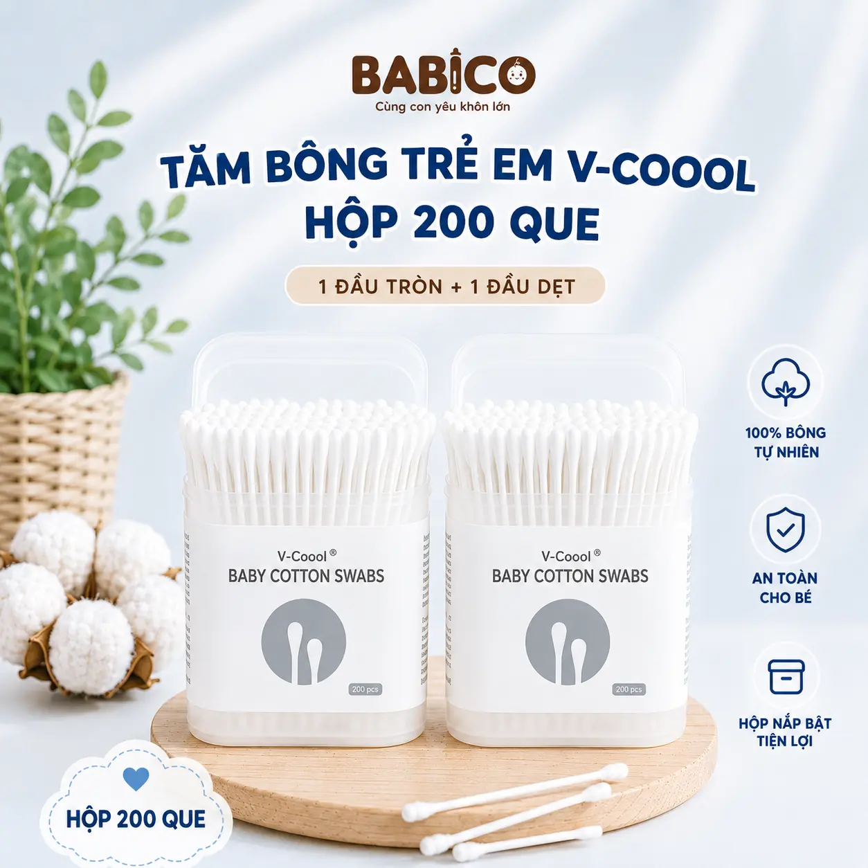 Tăm bông trẻ em Vcoool kháng khuẩn (HỘP 200 QUE lõi giấy) cho bé sơ sinh ngoáy tai, mũi BABICO