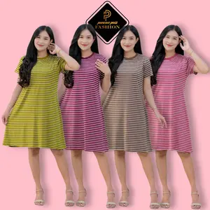 Pp Fashion-Dress Mola Salur Oversize Dress Wanita Salur Jumbo Daster Kaos Spandek Rayon Murah Midi Dewasa Lembut Nyaman untuk Tidur Gaya Santai