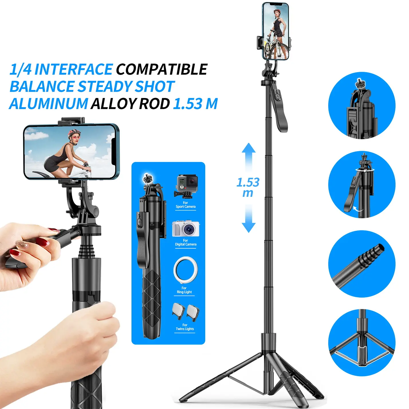 153cm Wireless Selfie Stick Tripod with Remote Fill Light Portable Phone Stand Holder Aluminum Alloy for 1/4 Screw Interface Camera Smartphones