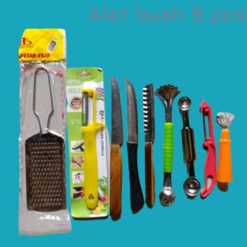 pisau kecil dan alat sendok keruk buat set lengkap 9pcs - pisau kecil kupas buah dan sayuran Kitchenware stainless steel anti-hancur set blok pisau 3
