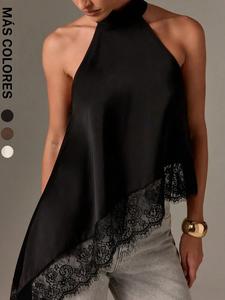 Top halter de satén negro para mujer, 1 pieza, con bajo de encaje asimétrico y ajuste fluido para atuendos románticos de noche