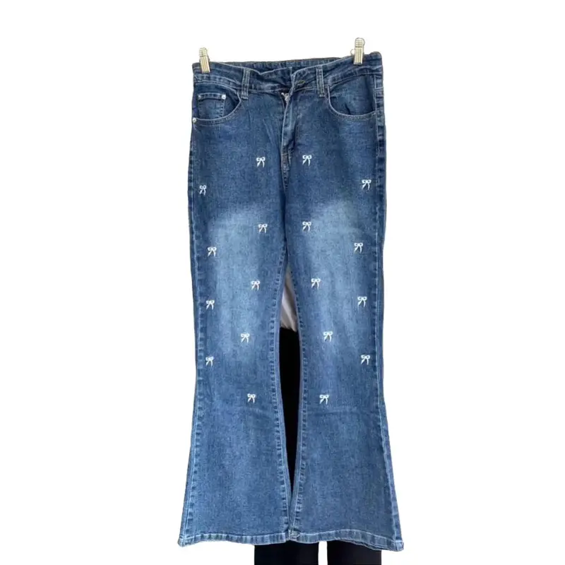 Celana Panjang Wanita Cutbray Jeans High Waist dengan Pita Bordir melar flare pants hip tell loose coquette cutbray wanita remaja xl Dewasa Bawahan 1