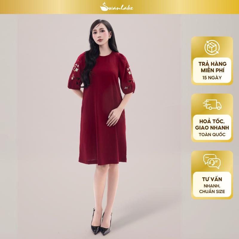 Váy Đầm Suông Linen Váy Nữ Cổ Tròn Dạng Rộng Basic Thêu Họa Tiết Hoa Tay Bí Lỡ Đục Lỗ Hack Dáng Có Túi Women SWANLAKE D11725