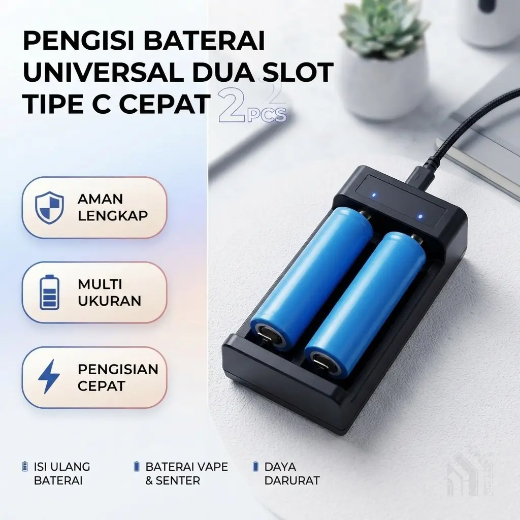 Charger Baterai Universal Dua Slot Pengisian Cepat Aman untuk Berbagai Jenis Baterai Li-Ion 14500 18650 21700 dengan Port Type C Fitur Smart Charging dan Perlindungan Lengkap