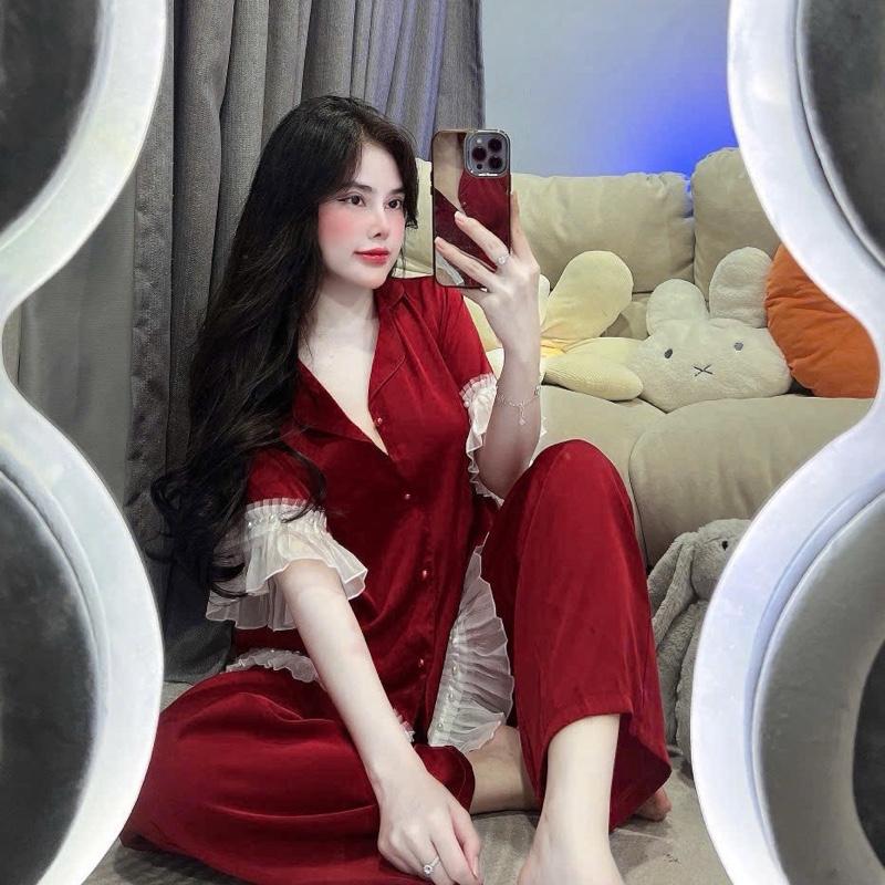  Sét đồ ngủ pijama tay ngắn viền ren ngọc trai xịn sò chất lụa latin mịn mát  freesize 40-60kg  