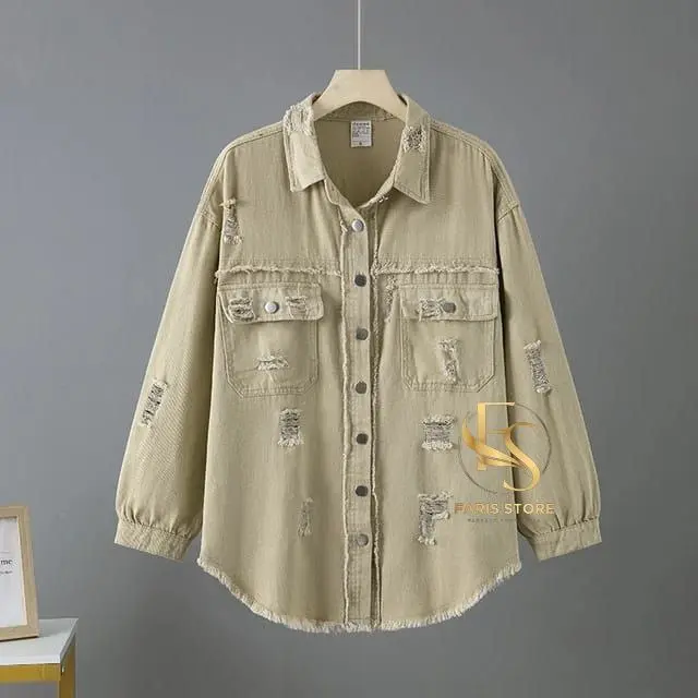 Jaket Denim Kemeja Jeans Oversize Sobek Lengan Balon Wanita 6