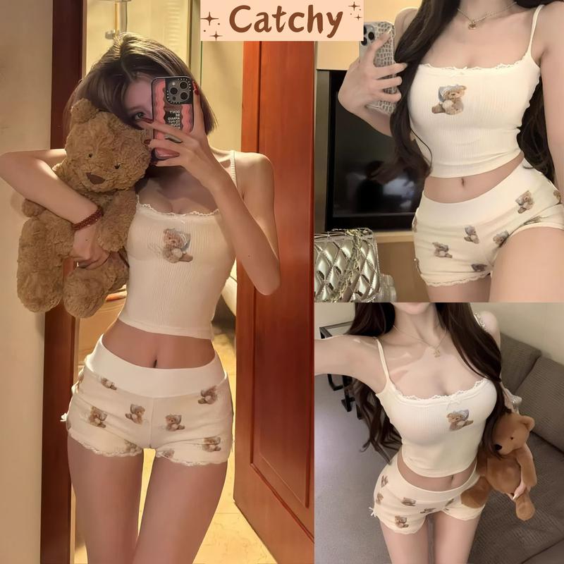  Set Bộ Đùi Nữ Áo Hai Dây Có Mút Form Croptop Phối Quần Đùi Viền Ren In Gấu Chất Thun Tăm Co Giãn Thoải Mái Dễ Thương Xinh Xắn CATCHYstore 