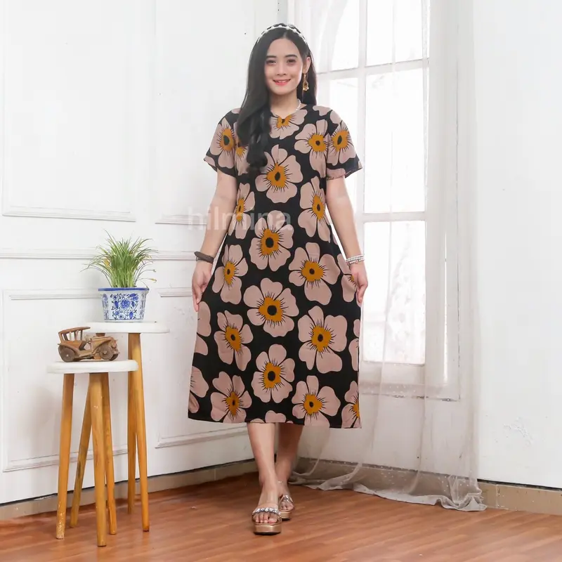 Daster Gadis Remaja Mocha Mousse Cappucino Rayon Homedress  LD 110 Motif Cantik Midi Busui Friendly Lembut Nyaman Bunga 6