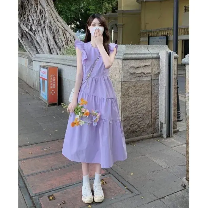 Women's simple casual fashionable short sleeved dress, summer temperament new  purple dress, easy to match Womenswear Lingerie Comfort Fitted