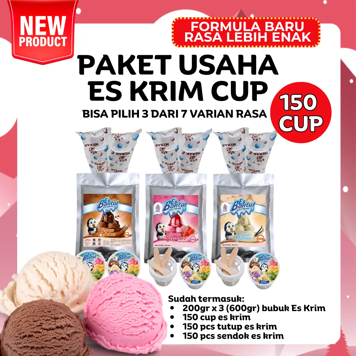 Paket Es Krim Hard Ice Cream 3 Rasa 150 cup + Perlengkapan Cup Sendok Tutup Lengkap Siap Jual | Bubuk Es Krim dari Es Bantal Aneka Rasa