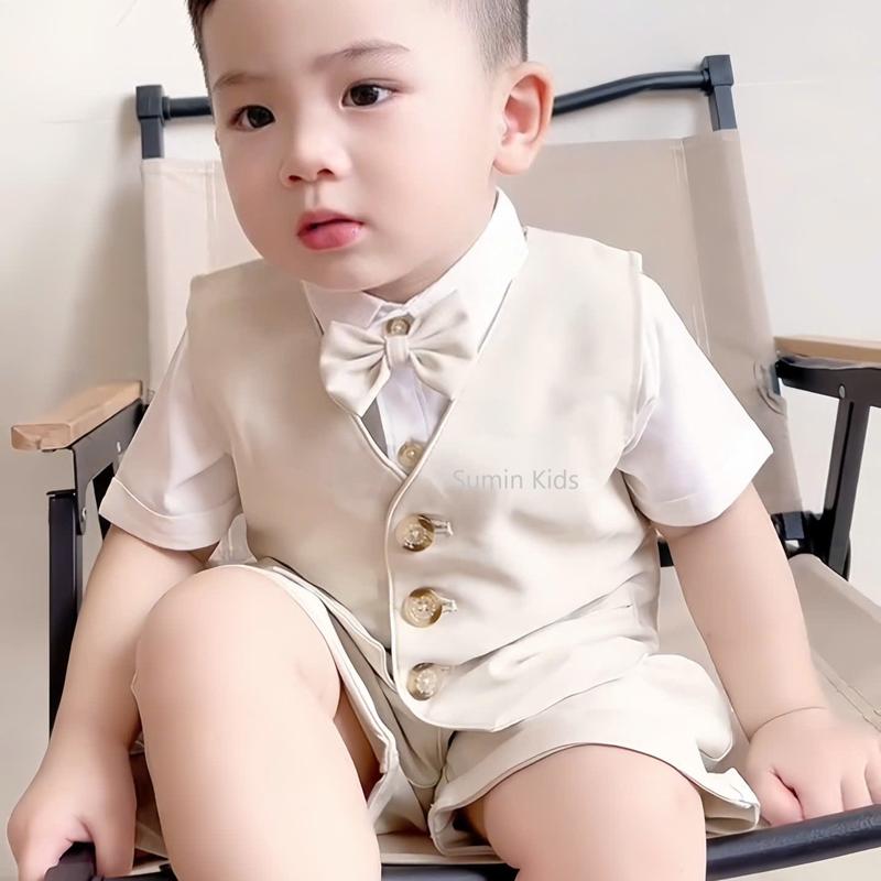 Set vest bé trai bộ đồ yếm vét áo sơ mi trắng gile công tử cho bé thôi nôi đến 1 tuổi đi tiệc hàn quốc Sumin Kids