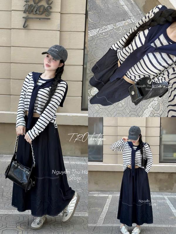 ( Tặng khăn - Tặng đai ) Sét Áo Kẻ Mix Chân Váy Bò Dài Dành Cho Nữ Sang Chảnh by T.LINH STORE 68