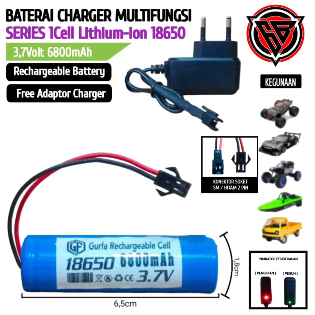 Paket Alat Cas + Baterai RC / Baterai Mainan Anak/ Baterai Tipe Tipe Li-ion 18650 3.7V SOKET SM 2 PIN