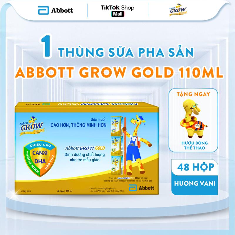 [TẶNG HƯƠU BÔNG THỂ THAO GROW] Thùng 48 hộp sữa pha sẵn Abbott Grow Gold chính hãng hương vani 110ml