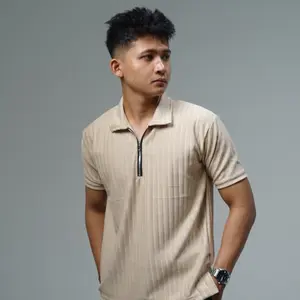 Kaos polo shirt zipper pria Korean Knit baju Polo Shirt Pria Salur Besar resleting Dengan Cutting Slim Fit Kerah Pendek polos half zipper
