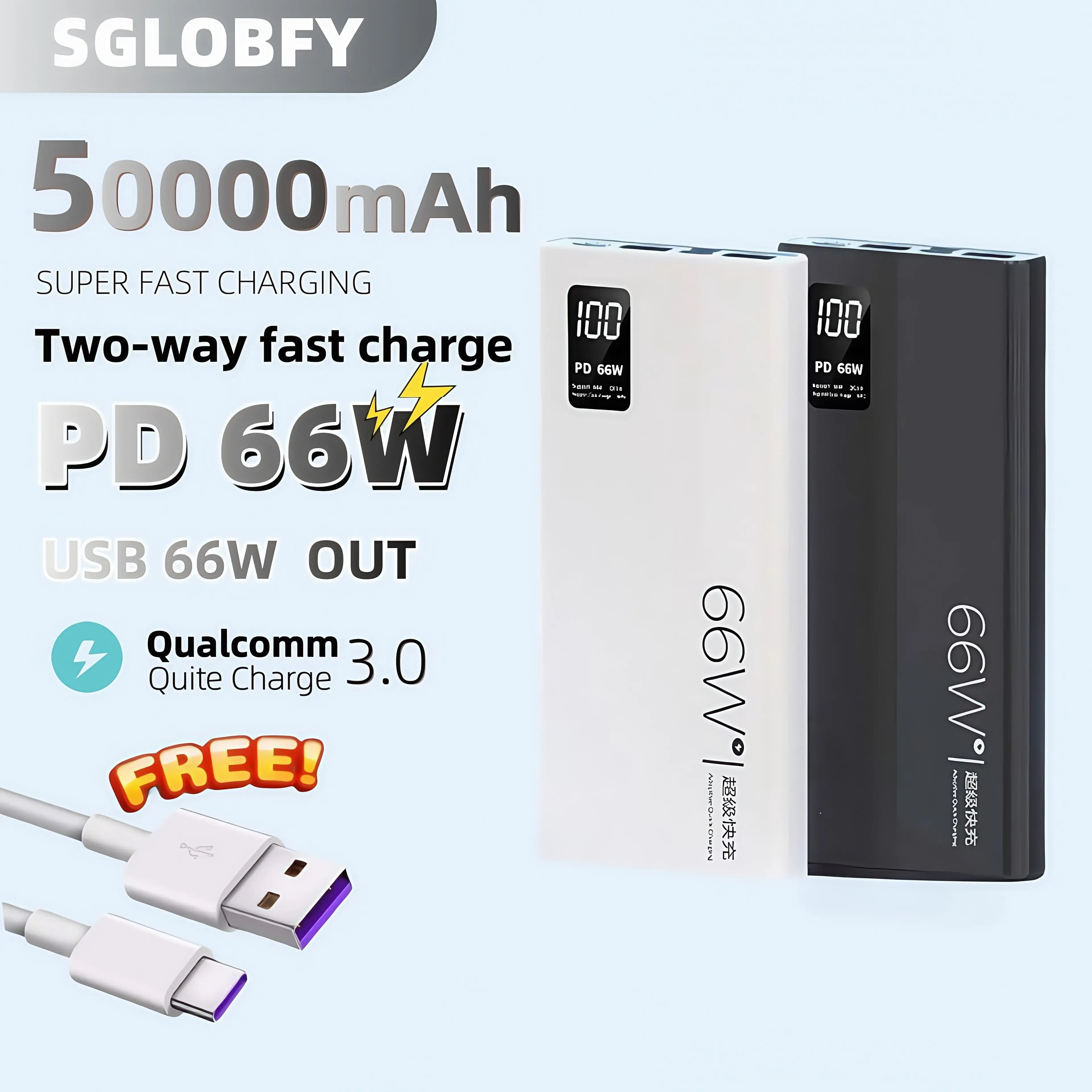 SGLOBFY Power Bank Fast charging digital display powerbank 66W Portable Slim Charge Charger 50000mAh