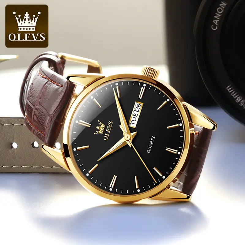 OLEVS Jam Tangan Pria Fashion Tali Kulit Original Anti Air Jam Tangan Cowok Simple Fashion Kuarsa Penunjuk Kalender Bercahaya Tahan Air Analog Men Watch Hitam Putih Biru Cod 6