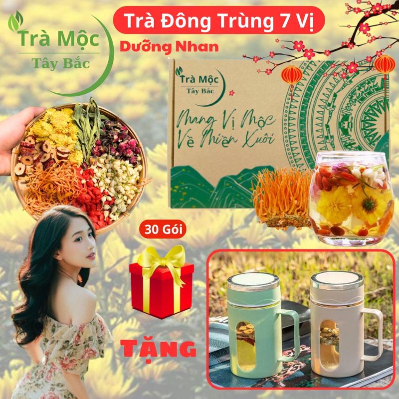 Tặng Ca Pha Trà Hộp 30 Gói Trà Bảy Vị Dưỡng Nhan Đông Trùng – Hoa Cúc Táo Đỏ Kỷ Tử Nụ Hồng 7 vị | Trà Mộc Tây Bắc – Thảo mộc mùa hè thanh mát dễ uống mỗi ngày