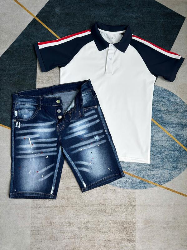 (VIDEO THẬT) COMBO QUẦN SHORT JEANS NAM XANH 4 CÚC CO GIÃN IN HỌA TIẾT LỐC XOÁY BOY PHỐ PHỐI ÁO POLO TRẮNG CỔ XANH SỌC VAI SIÊU ĐẸP