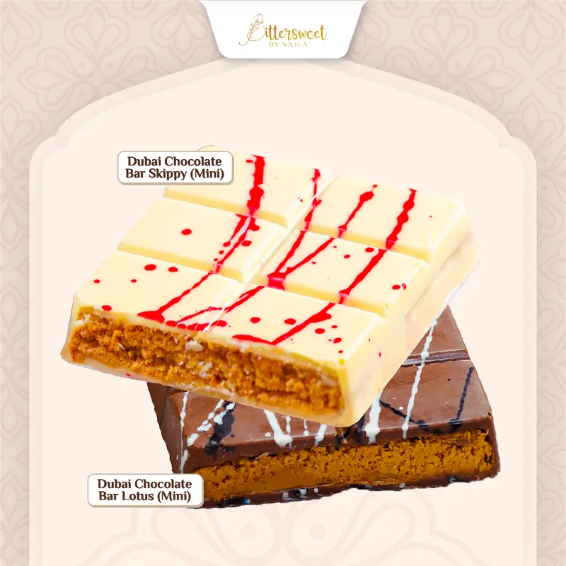 ( BUNDLE ) 2 CHOCOLATE DUBAI BAR MINI - LOTUS & SKIPPY [ BITTERSWEET BY NAJLA ] 0