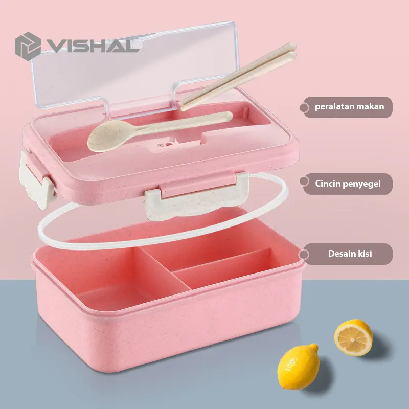 VISHAL Lunch Box Kotak Bekal Makan Jerami Gandum kotak makan ​1000ml 4 In 1 Free Sendok Tempat Makan VS-1 1