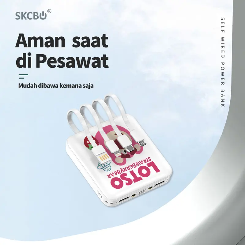 SKCBO Powerbank Custom 20000mah LED Kustom Power Bank built in cable Murah Lucu Mini Ori for iphone type-c micro 8
