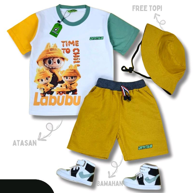 Gratis Ongkir/COD/(Free Topi)Setelan Baju Kaos Anak Distro Labubu Lengan Pendek usia 1-7 tahun By Patriot Kids 2