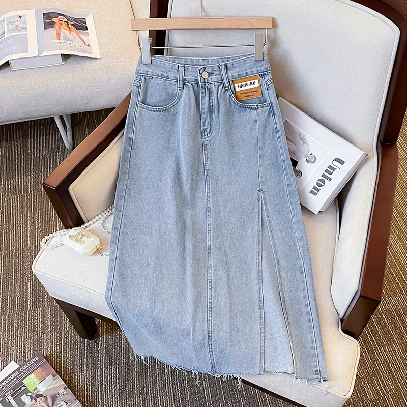 rok jeans split gaya korean style rok celah samping panjang denim a line skirt jumbo kekinian fashion bigsize berpinggang tinggi sedang untuk menutupi rok pinggul selangkangan rok sobek samping Casual Hitam Maxi Dewasa 6