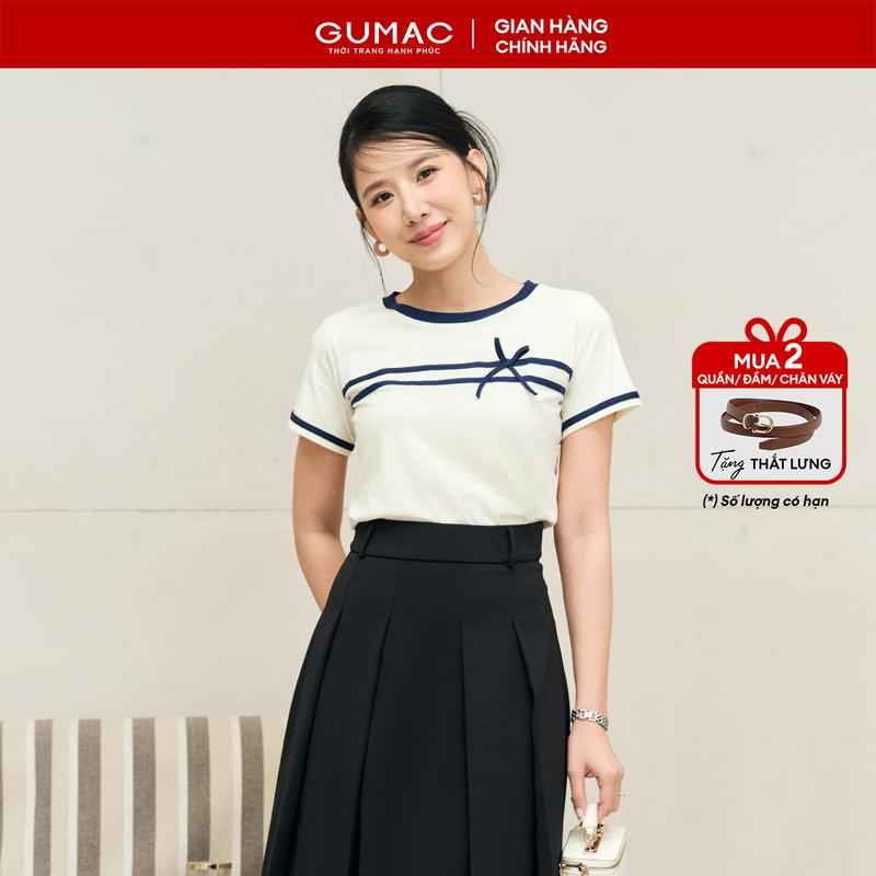 Áo thun nữ cổ tròn phối dây nơ cotton co giãn thoáng mát thoải mái thời trang GUMAC LATF0423