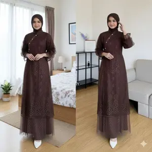 MAHIRA DRESS ELEGAN BAHAN VELVET MIX BRUKAT PLUS TILE VARIASI TANGAN KARET DAN TALI PINGGANG MENYATU