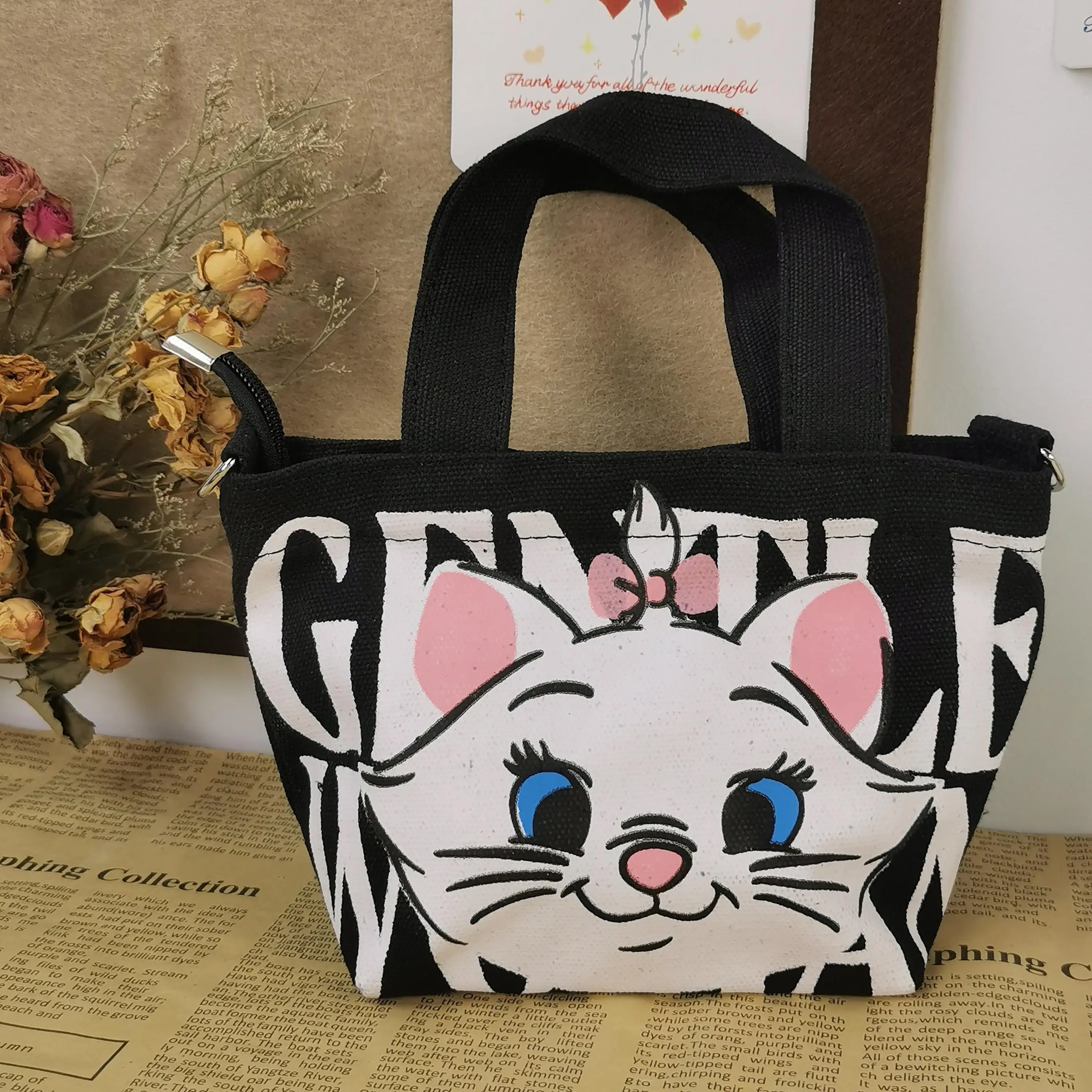 Thai Cute Cat GentleWoman Sling Bag Zipper 2 Colors White Black  Canvas Bag for women