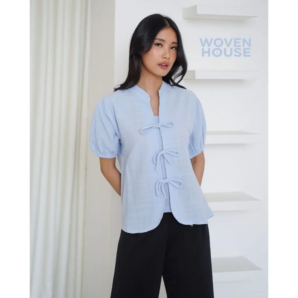 Shani Top Ribbon Blouse Linen - Atasan Baju Wanita Baju Kantor Pita - (S3277)