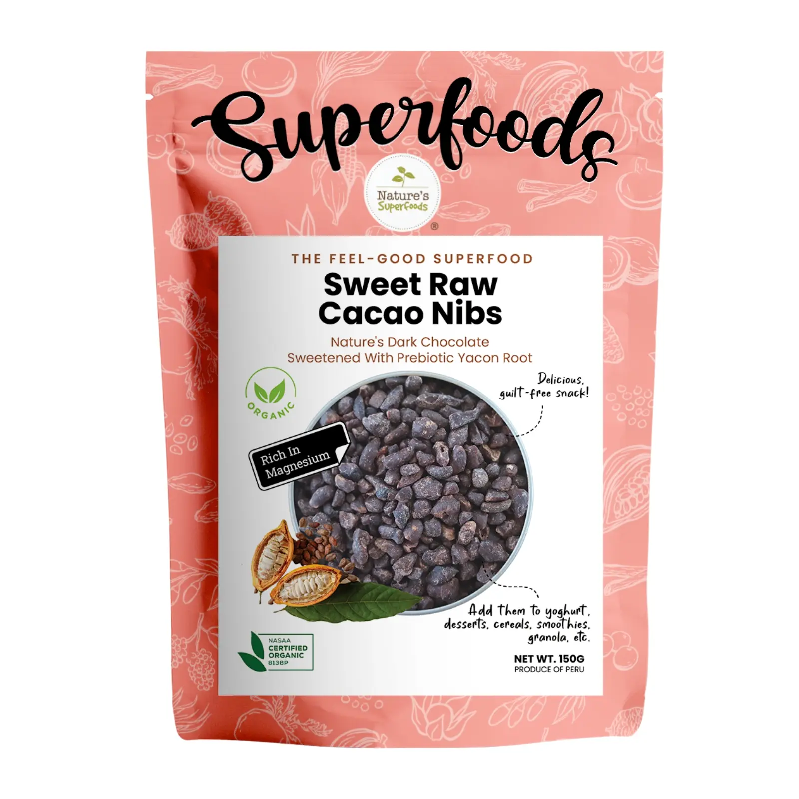 Nature's Superfoods Organic Sweet Pure Cacao Nibs 150G l Coated with Prebiotic Yacon Syrup l Low-GI Snack
