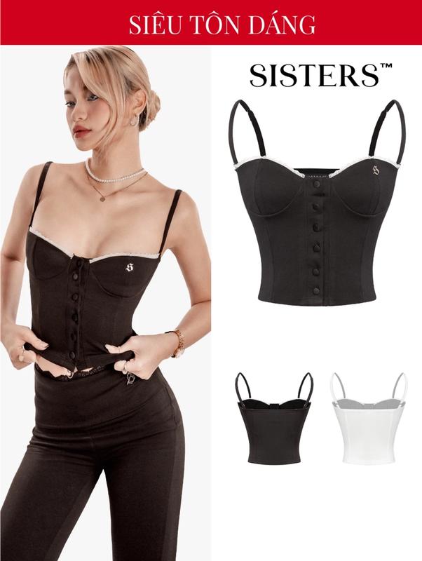 Áo 2 dây kiểu Corset phối ren SISTERS dáng croptop thiết kế nút cài màu đen trắng ôm sát cơ thể Béatrice | SISTERS MALL - SS-T53