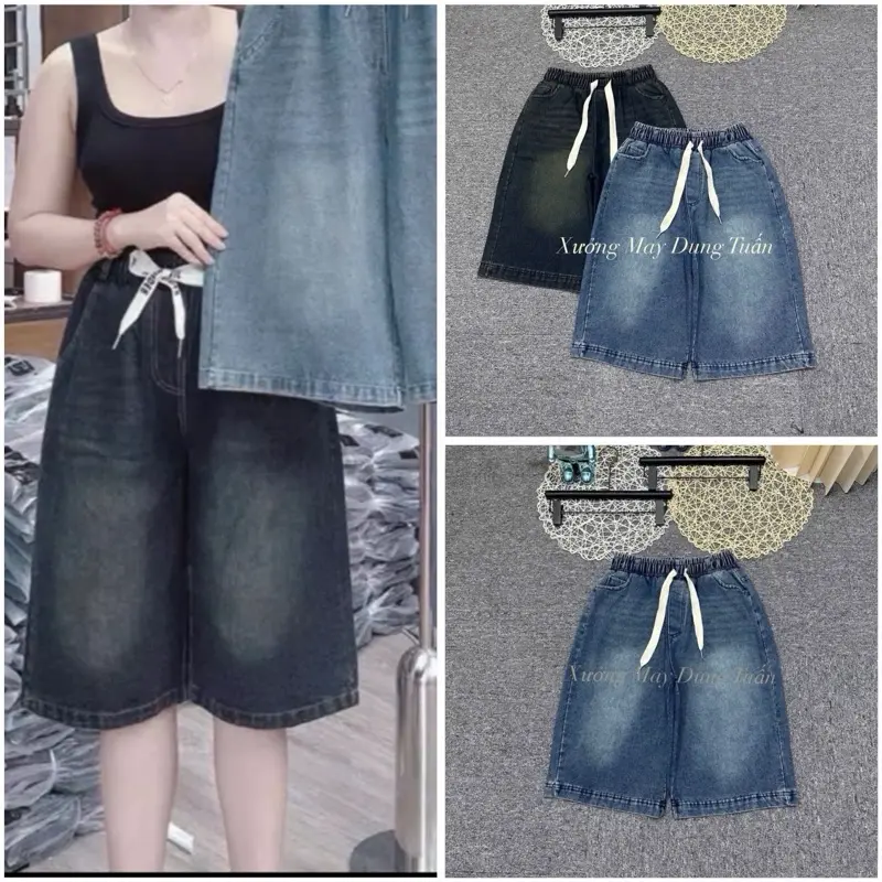 Quần Jeans Ống Suông Lửng Qua Gối Lưng Chun Cạp Cao Mác Da Sau Túi BigSize Đến 76Kg