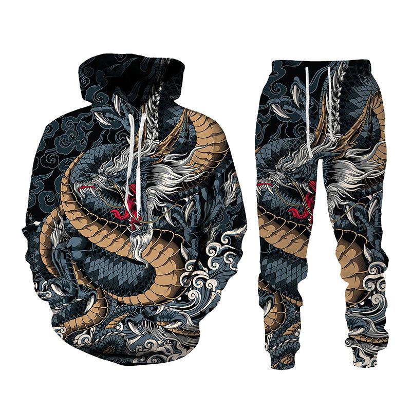 Áo Len Nam In Hình Rồng Phương Đông 3D Bộ Đồ Thể Thao Áo Hoodie Thường Ngày Quần Dài Bộ 2 Món Mới