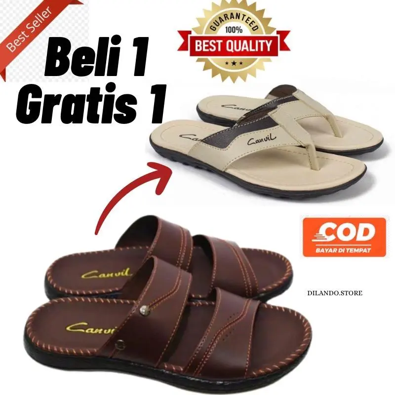 Sandal Pria Beli 1 Gratis 1 Sandal Kulit Sendal Casual Pria Sandal Japit Kulit Jepit Sendal Cowok Laki Dewasa Kulit Berkualitas Nyaman Dipakai Slip on Slop Selop