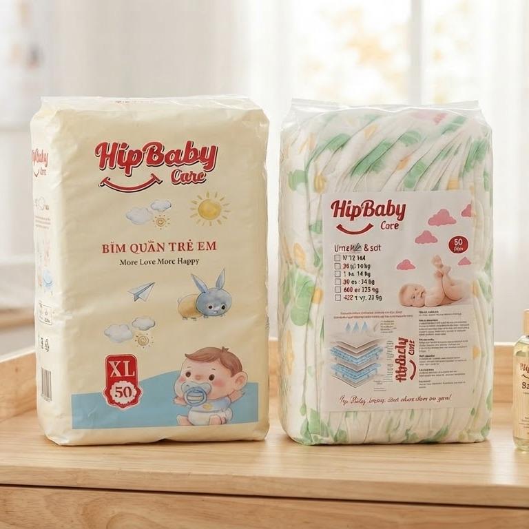 HipBaby Care Combo 2 bịch 100 miếng bỉm quần/tã dán form xuông, mềm mỏng nhẹ, lõi 5D thấm hút tốt, đủ size cho bé yêu của mẹ