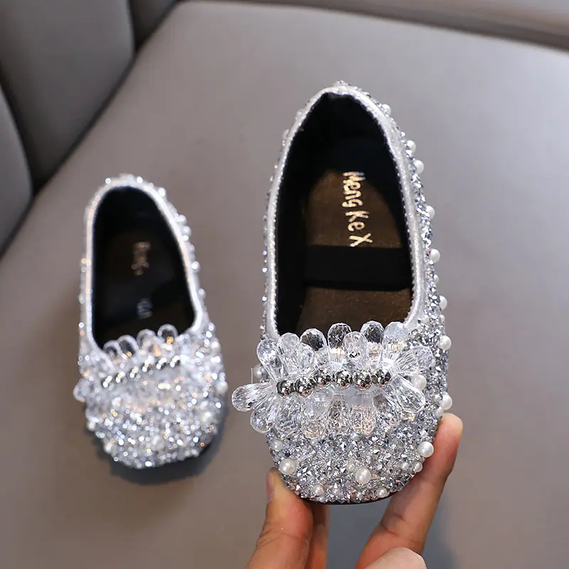 Spring Autumn Children's Leather Shoes Rhinestone Pearl Princess Shoes for Girls Shallow Versatile Kids Ballet Single Shoes