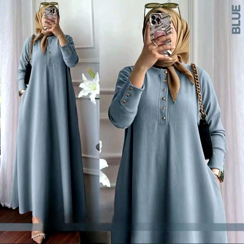 Terlaris Dress wanita terbaru, Himama dress knit,Dress knit inara kancing gold premium,Gamis Wanita Muslim Dewasa Mewah Pesta Kondangan Gaun Lebaran Simple Nyaman Cantik Formal Panjang 7